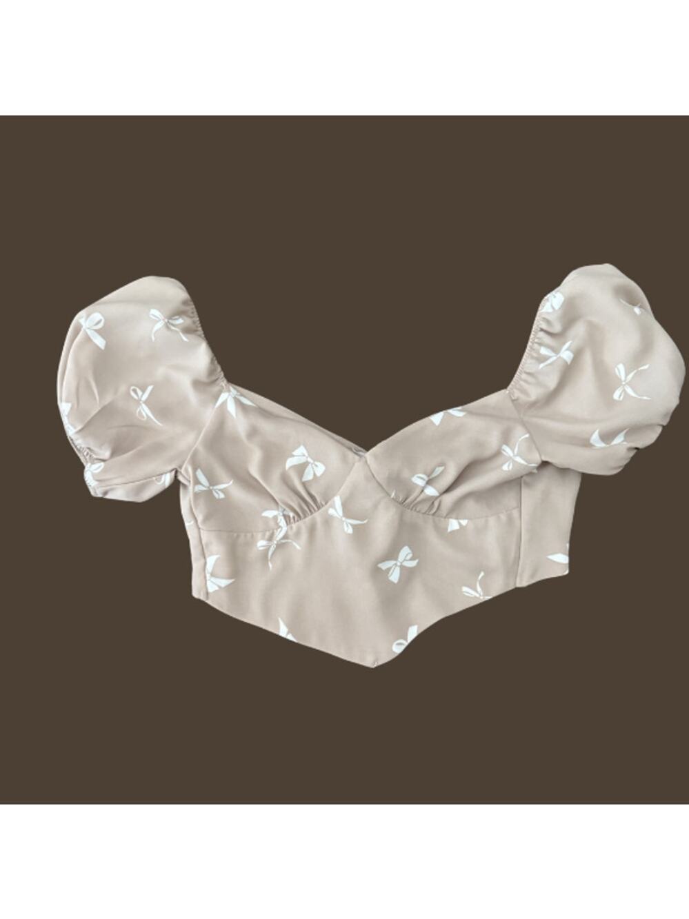 Le Lis Collection Beige Bow Print Puff Sleeve Tie Back Crop Top XS